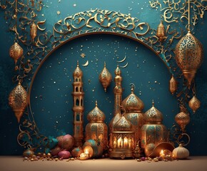 Ramadan Kareem's background with Arabic lanterns and mosque