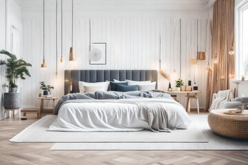 Scandinavian interior design of modern bedroom. white view, 