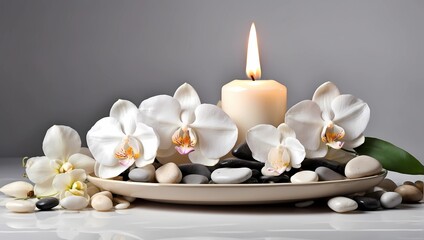 floral home decor with white orchid, candle and stones on ceramic plate 