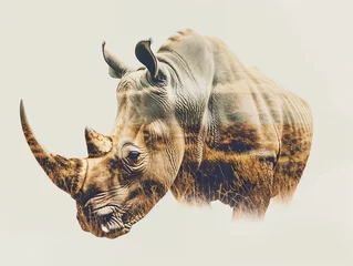 Keuken spatwand met foto Double exposure photo, rhino with natural landscape, animals and nature, poacher, abstract thinking, meditation, contemplation, philosophy, animal silhouettes, natural resources, endangered © LeoOrigami