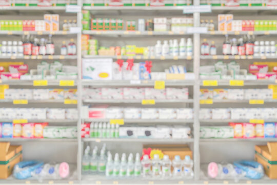 Pharmacy drugstore shelves interior blur medical background