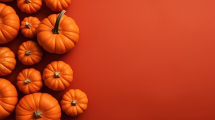 Little pumpkin and autumn maple leaf on the orange color background with copyspace area. Autumn background concept.