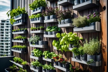 Balcony herb garden concept. Modern vertical lush herb garden planter bags hanging on city apartment balcony wall, with planter boxes pots of basil, mint, rosemary thyme growing in urban environment  - obrazy, fototapety, plakaty