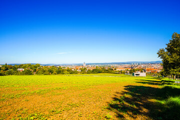 View of the city of Bamberg in Bavaria with the surrounding landscape.
