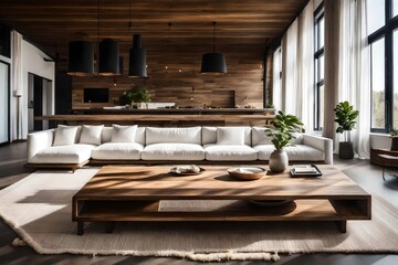 Fototapeta na wymiar Rustic coffee table near white fabric sofa against window. Japandi style home interior design of modern living room.