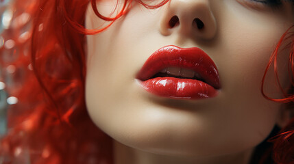 Very close-up of a Woman sensual mouth slightly open to see white teeth with a red shiny and glossy lipstick and blurry red curly hair - obrazy, fototapety, plakaty