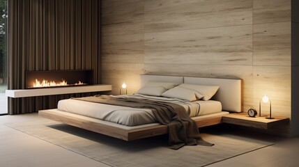 The serene Zen Harmony Bedroom, featuring a minimalist design with natural materials, a platform bed, and soft ambient lighting to create a tranquil and peaceful atmosphere.