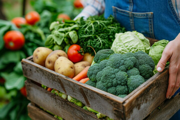 Woman holding wooden box full of fresh vegetables in garden. Autumn harvest. Broccoli, Carrots, tomato, potato, Avocado, and other healthy vegetables, Brussels sprouts etc. vegetables generated by ai