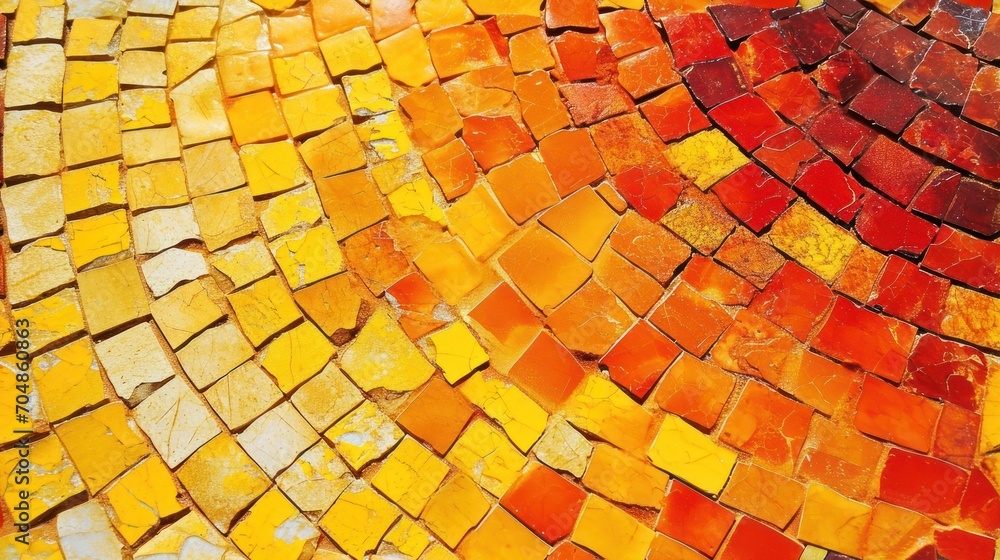 Poster a close up of a yellow and red mosaic tile wall with a red and yellow stripe in the middle of it.