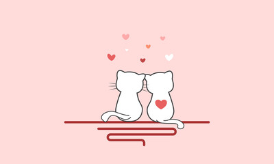 Two adorable cats sit side by side, nuzzling each other in a loving embrace, Against a soft pink background illustrator paper art style.