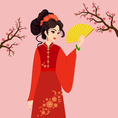 Beautiful woman in red traditional costume dress holds fan with plum cherry blossom blooming in spring garden, vector illustration. Happy red Chinese girl with good luck symbol, Chinese New Year festi