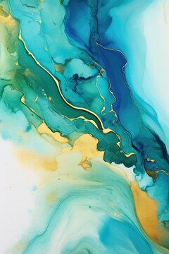  Fluid art texture. Background with abstract mixing paint effect. Liquid acrylic artwork that flows and splashes. Mixed paints for interior poster, design. Blue,  green, gold and white colors