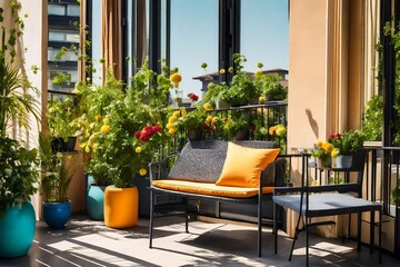 Beautiful balcony or terrace with outdoors furniture chairs, colorful decorations and green potted flowers plants. Sunny stylish bold color balcony home terrace with city background 