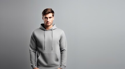 Man wearing gray hoodie front view mockup template for design, isolated on white wall