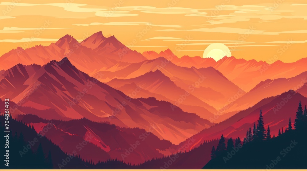 Poster a painting of a mountain range with the sun setting in the distance and trees on the side of the mou