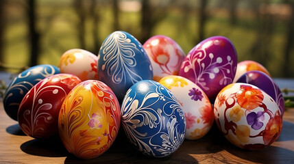 easter eggs in a nest   easter eggs on grass with colorful background