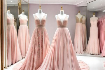 Pale pink long formal dress, elegant prom party, wedding dress on mannequin in luxury shop boutique. Prom gown, wedding, evening, bridesmaid - obrazy, fototapety, plakaty
