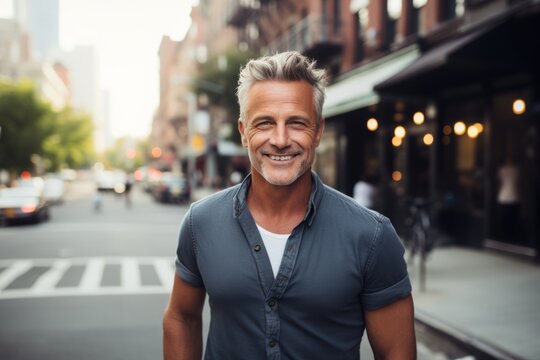 Handsome Middle-aged Man In Casual Clothes Is Smiling And Looking At Camera While Standing On The Street In New York City