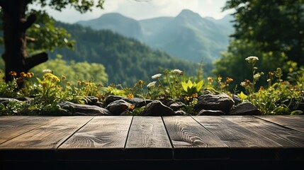 Empty wooden table  with background of forest and mountains. Ready for product display - obrazy, fototapety, plakaty