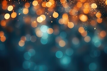 Abstract golden yellow and emerald green glitter lights background. Circle blurred bokeh. Festive...