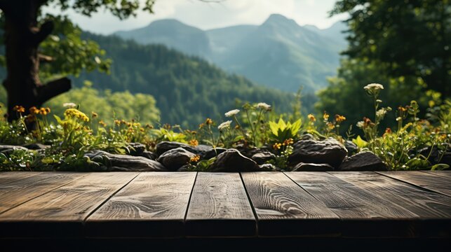 Empty wooden table  with background of forest and mountains. Ready for product display