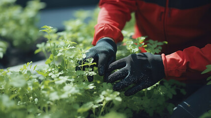 Person with gloves working and planting in the garden