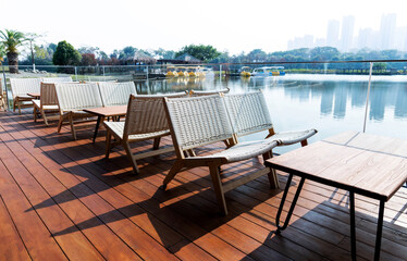 Tables and chairs at the lakeside restaurant