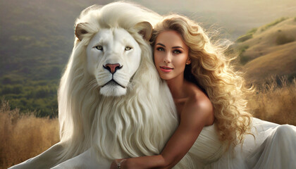 Close-up of a beautiful white lion hugged by a young woman with beautiful long curly blonde hair, looking at camera. Generative Ai.