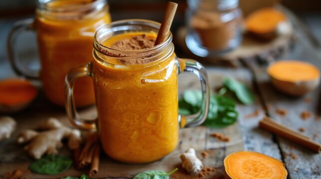  two mason jars filled with a smoothie and topped with a cinnamon garnish and garnished with leaves.