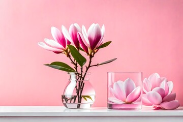 Beautiful pink magnolia flower in transparent glass vase standing on white table, sunlight on pastel pink wall