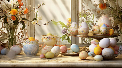 Obraz premium easter eggs and flowers eggs in a basket seasonal, celebrate, colorful, closeup