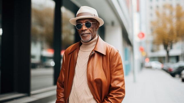 Stylish cool looking black mature men man with a grey hair and beard in fashionable clothes and sunglasses on a city street