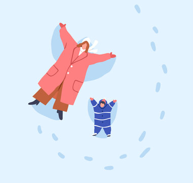 Mom and kid making angel, lying on snow on winter vacation. Mother and child shaping snowy wings in cold weather. Outdoor fun in frost. Woman and cute funny baby in snowdrift. Flat vector illustration