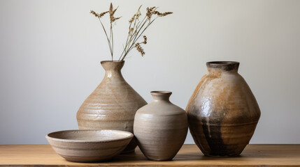 Fototapeta na wymiar Ceramic pottery, vases and pots on wooden table, light grey background