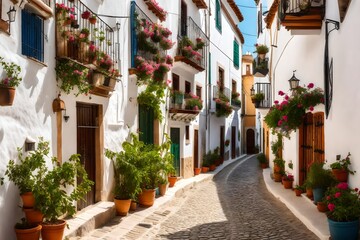 Fototapeta na wymiar Picturesque narrow street in Spanish city old town. Typical traditional whitewashed houses with blooming plants, flowers, cobbled street in a small cozy town white view 