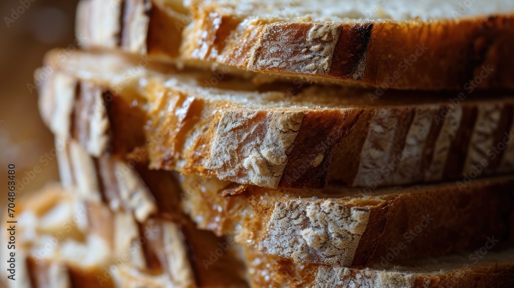 Poster a close up of slices of bread stacked on top of each other with peanut butter on top of the slices.