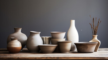 Ceramic pottery, vases and pots on wooden table, light grey background