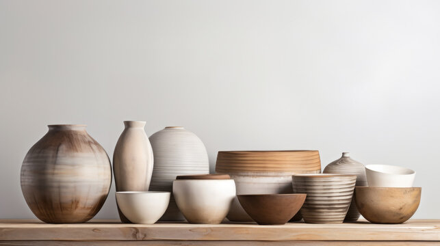 Ceramic pottery, vases and pots on wooden table, light grey background