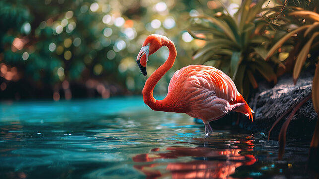 a flamingo jungle, water landscape wallpaper, wildlife photo, with empty copy space