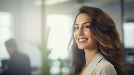 Obraz premium Portrait of young confidant business woman standing in the office smiling, co-workers and employees in the background