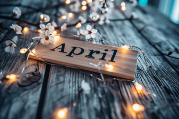 Wooden sign with the word April on a wooden table in the garden