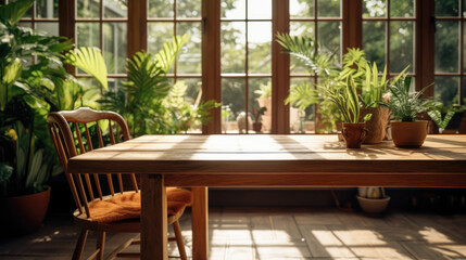Interior of a cosy rustic kitchen with a dinning table and potted plants