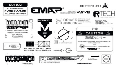 Cyberpunk decals set. Set of vector stickers and labels in futuristic style. Warning signs, futuristic Inscriptions and technical symbols. Japanese hieroglyphs Notice, High sensitivity sensor - obrazy, fototapety, plakaty