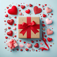 Celebrate Love: Gift Box and Mixed Red Hearts on Pastel Blue, Top View for Valentine or Mother's Day.