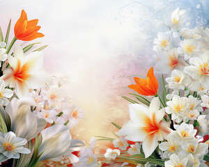 spring background with flowers    Frame made of beautiful daffodils on white background 