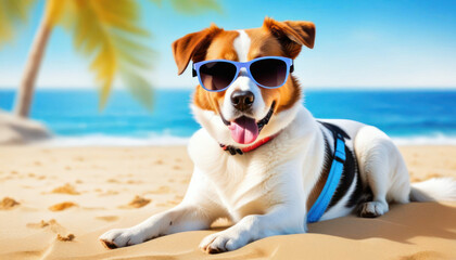 dog on the beach wearing sunglasses