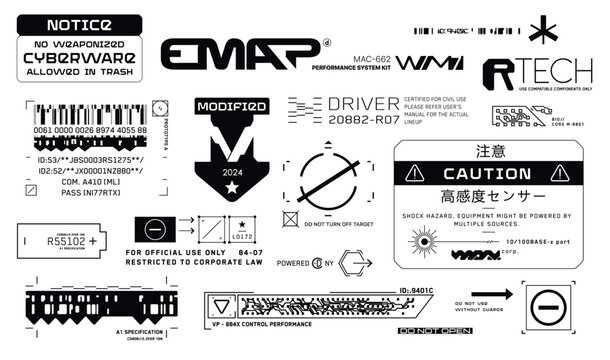 Cyberpunk decals set. Set of vector stickers and labels in futuristic style. Warning signs, futuristic Inscriptions and technical symbols. Japanese hieroglyphs Notice, High sensitivity sensor