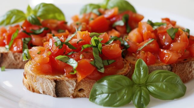  a white plate topped with slices of bread covered in tomato sauce and green leafy garnish on top of it.