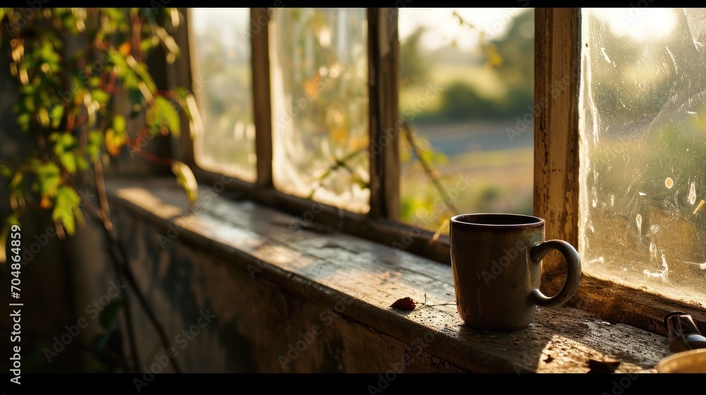 Poster a coffee cup sitting on a window sill in front of a window with the sun shining through the windows.