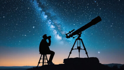 silhouette of a man with telescope at sunset